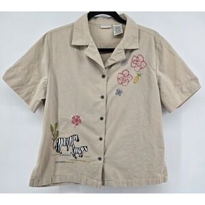 Vtg White Stag Button Up Shirt Womens M  Beige Embroidery Flower Zebra‎ Boho Top